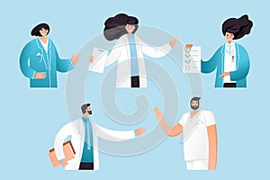 Vector flat illustration of professional medic team with pointing gestures. Cartoon doctor characters set - man, woman