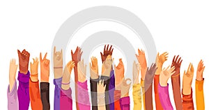 Vector flat illustration of raised up human hands, multiracial. Concept of education, business training, volunteers photo