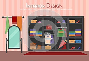 Vector flat illustration of room, with wardrobe, mirror with towels, shelf on the floor, parket with carpet rug. Shoes