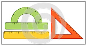 Vector flat illustration of ruler, straightedge, triangle ruler, protractor. School supplies. Measurement tool