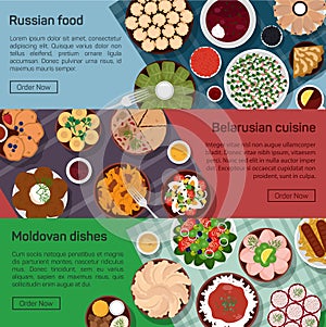 Vector flat illustration of russian, belarusian, moldovan molnational dishes. photo