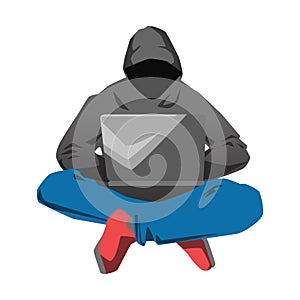 Hacker is using computer to attack vector illustration on white background