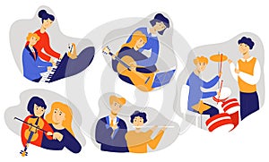 Vector flat illustration with set of music teachers and young students playing various instruments.