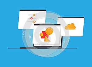 Vector flat illustration about pop up window laptop cloud setting