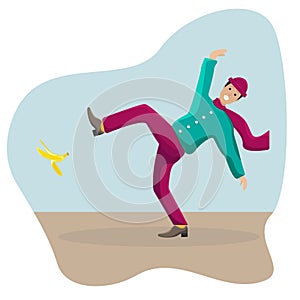 Vector flat illustration with a slipped man on a banana peel