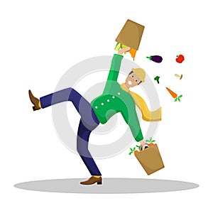 Vector flat illustration with a slipped man with shopping