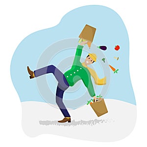 Vector flat illustration with a slipped man with shopping on ice