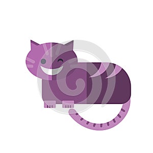 Vector flat illustration of smiling Cheshire Cat in magenta pink colors isolated on white. Cheshire Cat from kids fairy