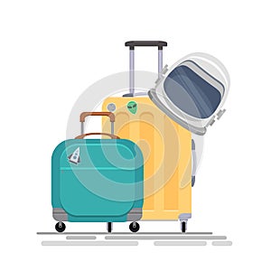 Vector flat illustration of space tourists suitcase with an astronauts helmet and bag . Space family tourism.