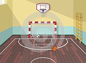 Vector flat illustration of sport room in institute, college, university, school. Basketball, football and soccer balls photo