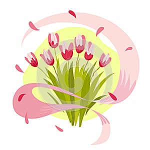 Vector flat illustration of spring flowers and rose ribbon isolated on white background.