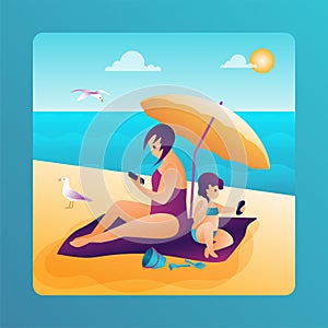 Vector flat illustration. Summer vacation at sea mom and daughter under an umbrella