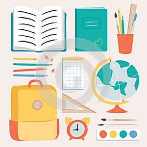 School and education set with hand drawn elements isolated on white background.