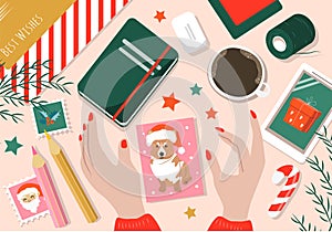 Vector flat illustration on the theme of preparation for christmas, gift wrapping and postcards