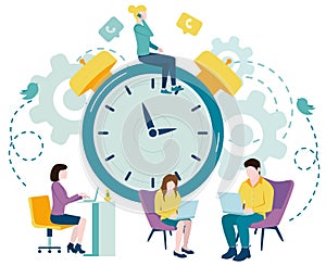 Vector flat illustration of time and schedule management. Organize working hours. People working hours, work affairs and tasks