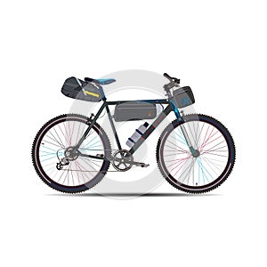 Vector flat illustration of touring bike with bikepacking gear