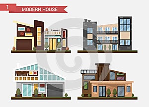 Vector flat illustration traditional and modern house. Family home. Office building. Private pavement, backyard with