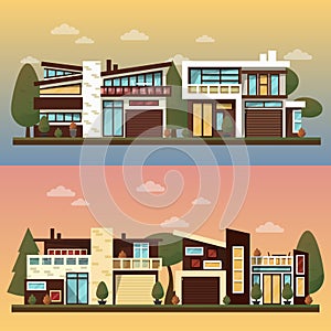 Vector flat illustration of two family house and sweet home banners outdoor street, private pavement, backyard with