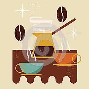 Flat illustration in vintage retro style. cezve with coffee, two steaming cups of coffee, coffee beans