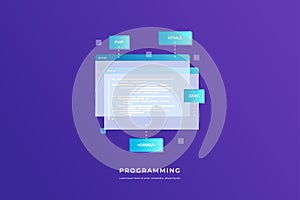 Concept of programming and software. Open web pages with coding and programming languages on blue background.