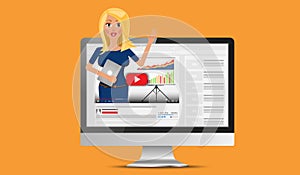 Vector flat illustration of webinar, online conference, lectures and training in internet. Video blogger concept.