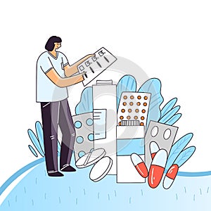 Vector flat illustration of woman character doing check up for a medical drugs, pill, capsules with vital elements for