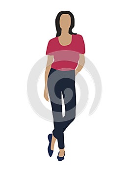 Vector flat illustration of woman in jeans and red t-shirt isolated on white background