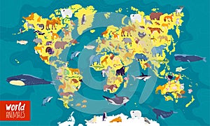 Vector flat illustration of world map with sea, oceans, continents and local animals & plants