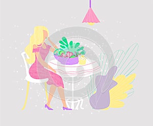 Vector flat illustration young attractive woman eating salad. Concept healthy food, diet, raw, organic food