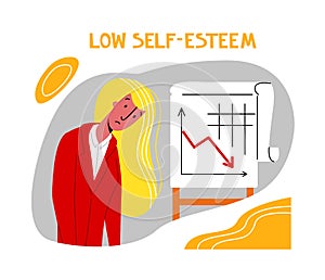 Vector flat illustration young woman with reduced self confidence