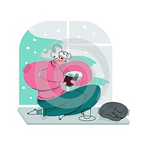 Vector flat illustration with young woman sitting on windowsill.