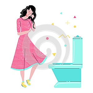 Vector flat illustration young woman who may have intestinal disorder, nausea, vomiting, diarrhea, toxicosis.