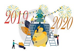 Vector flat illustrations, big piggy bank on a white background, New Year tree with money, businessmen are preparing for the new