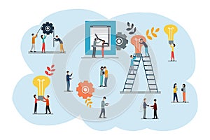 Vector flat illustrations, brainstorming, business concept for teamwork, searching for new solutions, small people