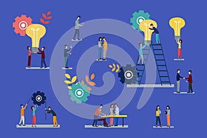 Vector flat illustrations, brainstorming, business concept for teamwork, searching for new solutions, small people