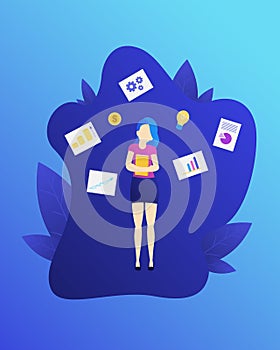 Vector flat image with a gradient. A girl with a book in her hands is studying investment and Finance