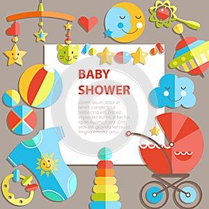 Vector flat infancy bacground. Baby products. Decoration frame,