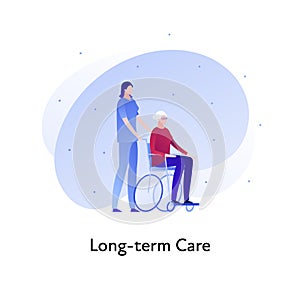 Vector flat insurance banner template illustration. Long-term care senior insurance concept. Nurse with female in wheelchair on