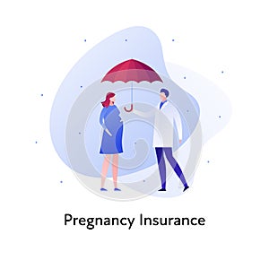 Vector flat insurance business color illustration. Pregnancy and childbirth concept. Doctor holding umbrella and pregnant female