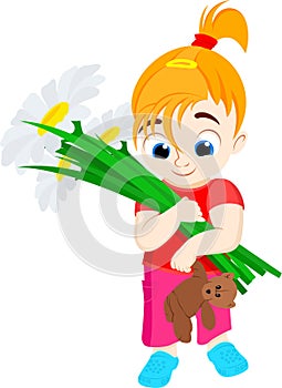 Vector flat kid girl with bear toy and flowers