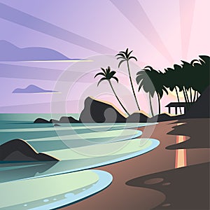 Vector flat landscape illustration of wild nature summer sunset on beach view with sky, sea coast, ocean, palm trees.
