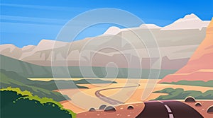 Vector flat landscape illustration of wild west desert & mountain canyon nature view with clean blue sky.