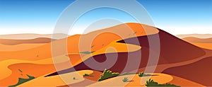 Vector flat landscape minimalistic illustration of hot desert nature view: sky, dunes, sand, plants.