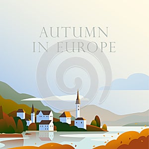 Vector flat landscape minimalistic illustration of wild autumn European cozy town, seacoast, mountain nature view, sky, water.