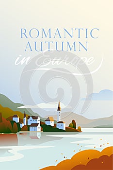 Vector flat landscape minimalistic illustration of wild autumn European cozy town, seacoast, mountain nature view, sky, water.