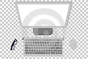 Flat lay or top view wireless Desktop Computer, mouse, monitor, keyboard and eyeglass at transparent effect background