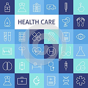 Vector Flat Line Art Modern Healthcare and Medicine Icons Set