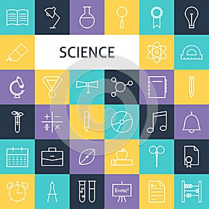 Vector Flat Line Art Modern Science Education and School Icons S