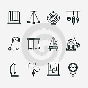 Vector flat line icon of pendulum types. Newton cradle, metronome, table pendulum, perpetuum mobile, gyroscope. Linear