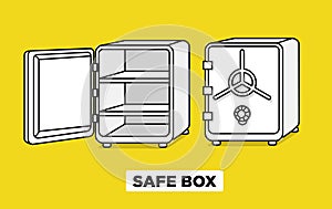 Vector flat line safe boxes open and closed, locked with code lock, empty safe box. Hand drawn illustration. Isometric